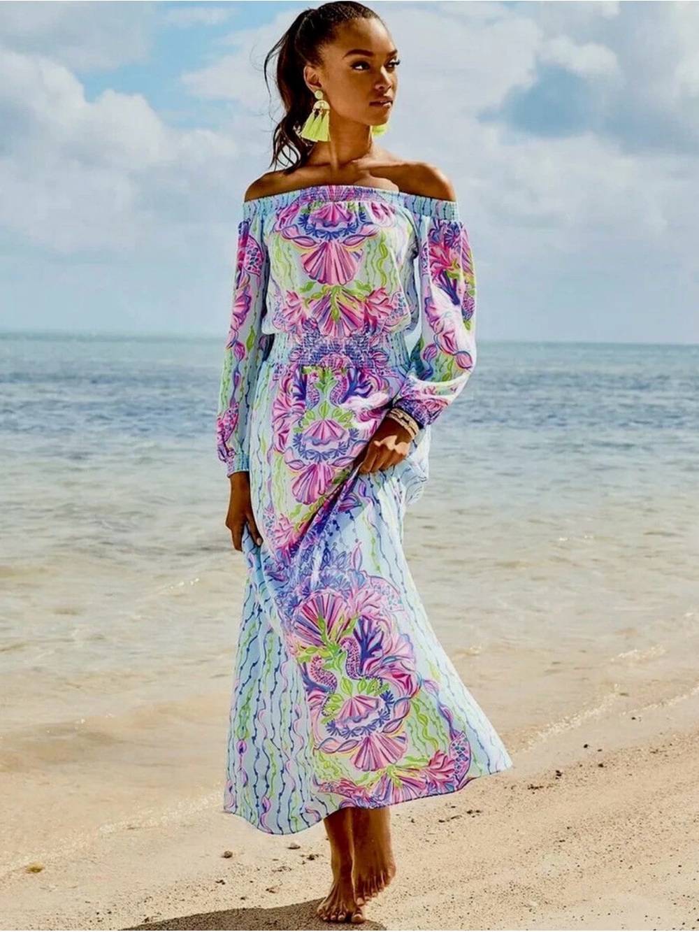 Lilly Pulitzer Off-Shoulder Floral Maxi in Pastel Pink, Purple, Green & Blue